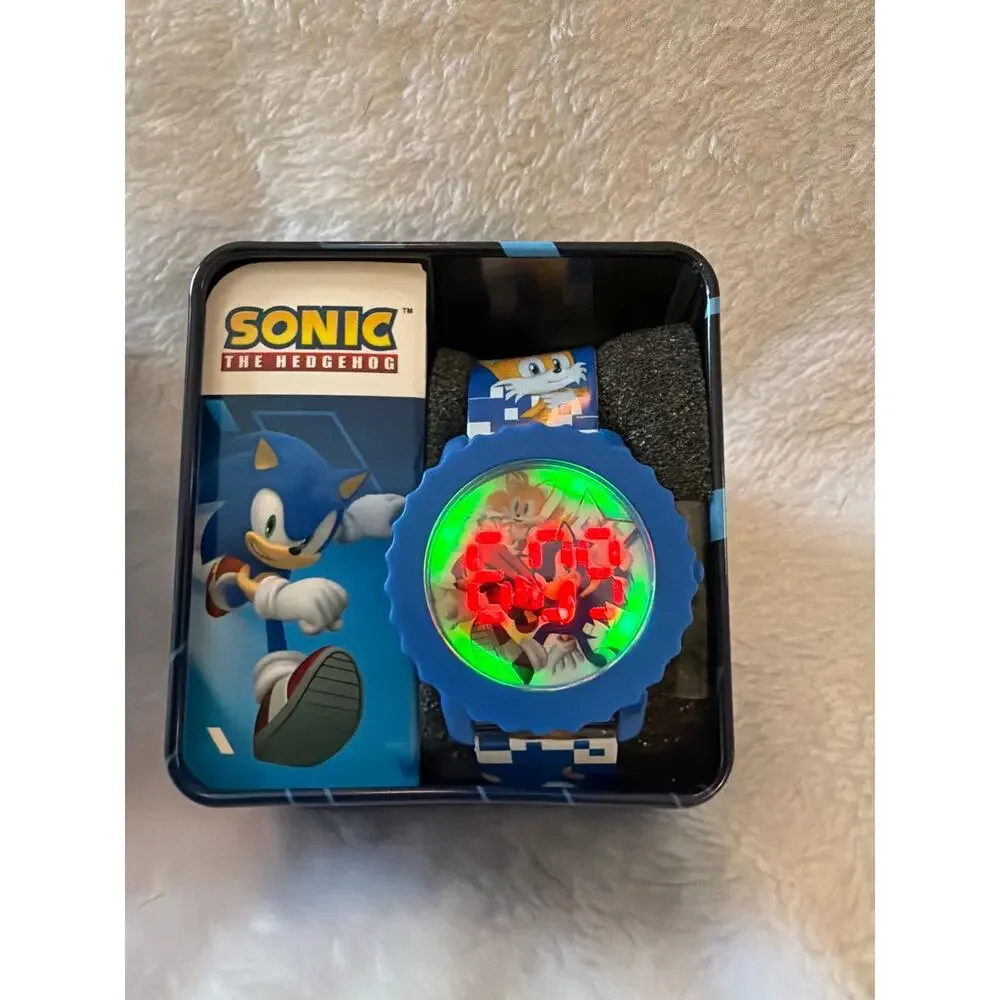 Accutime Sonic The Hedgehog Digital Watch Quartz LCD Flashing LED Lights NEW Tin